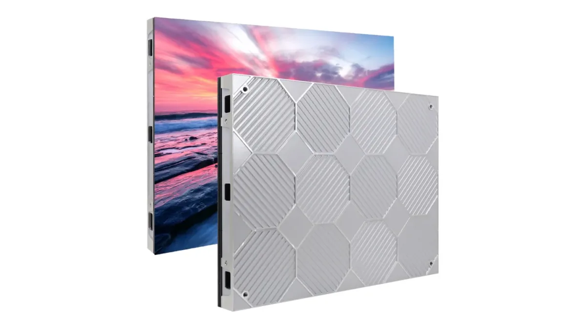 Front and rear views of an EA640F2 indoor LED cabinet