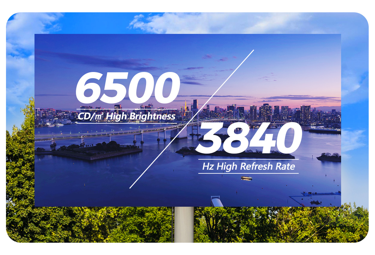 Advertising LED Screen 7 - LED Screen Board - LED Screen Board Billboard over a city skyline showing 6500 cd/m^2 high brightness and 3840 Hz high refresh rate with a diagonal divider.