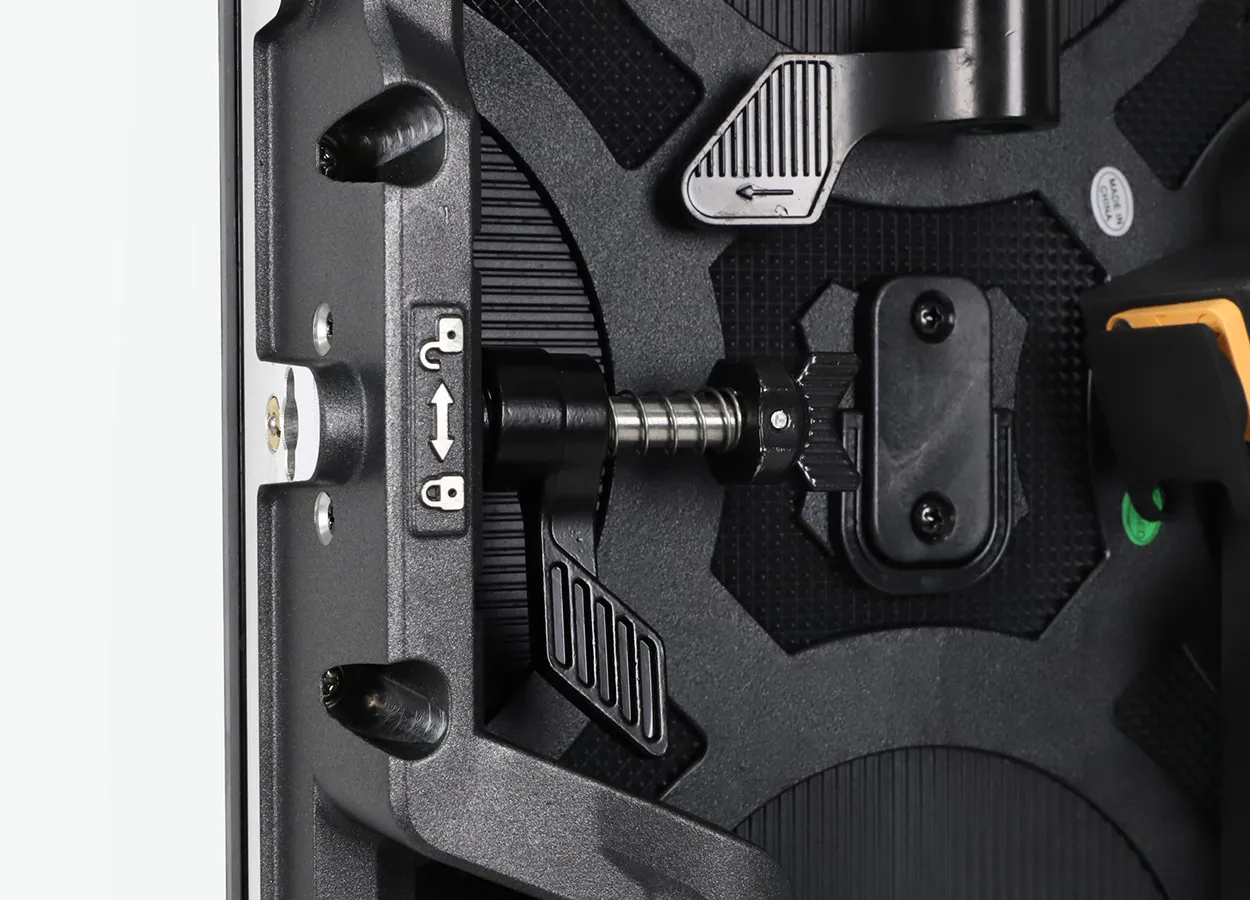 Close-up manufacturer photograph of an EA500C6 cabinet quick-lock mechanism