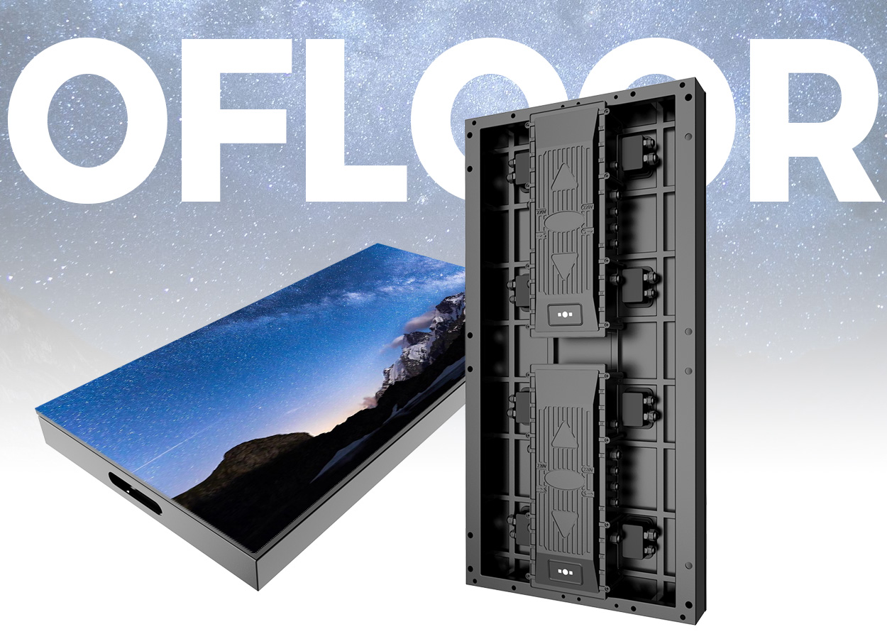 Outdoor Floor LED Screen 1 - LED Screen Board Large LED floor panel with modular power boards leaning against a backplane; starry backdrop and the word 'FLOOR' in white behind it (informative: product/display concept)