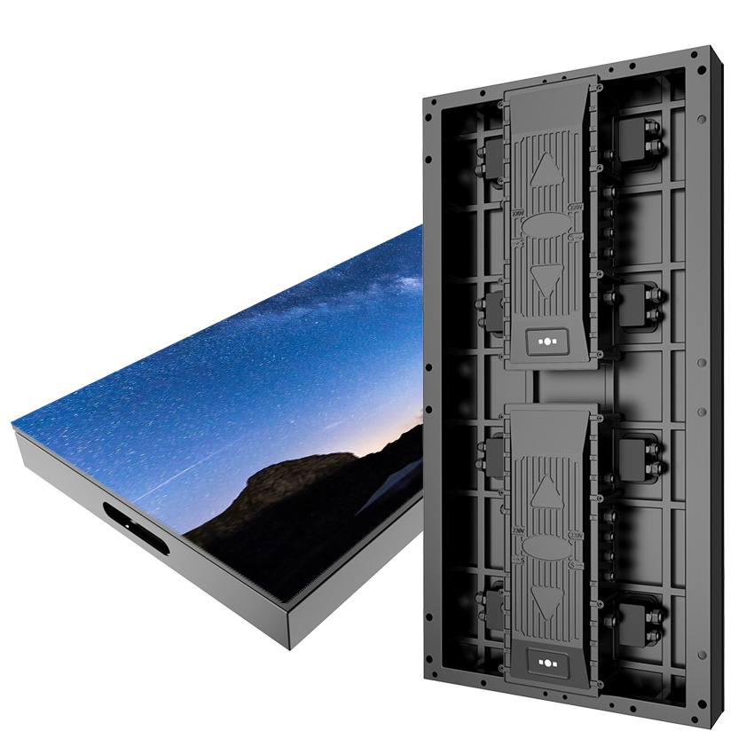 Rear view of a modular LED display panel with two stacked power modules attached, shown beside a tilted screen.