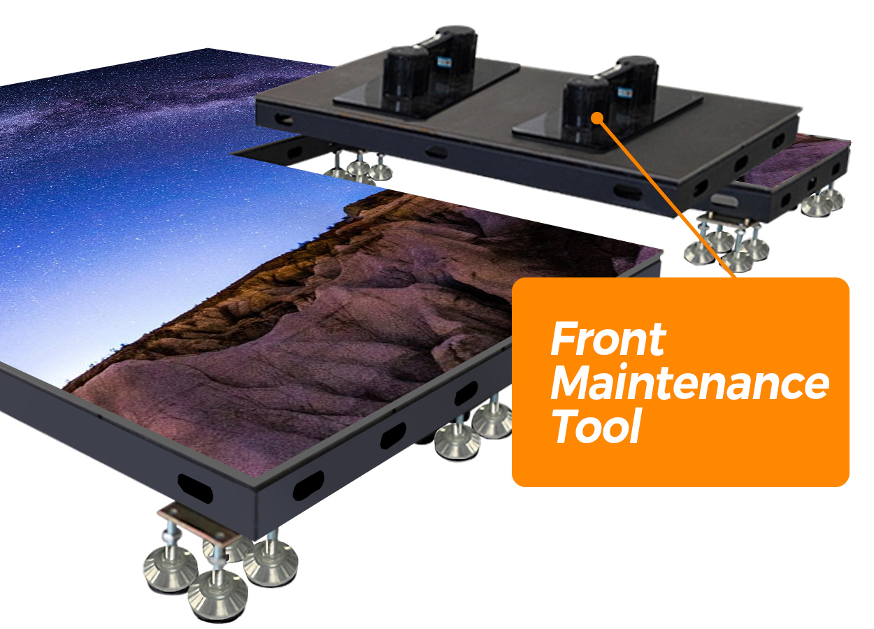 Outdoor Floor LED Screen 4 - LED Screen Board - LED Screen Board Exploded view of a front maintenance tool for large display panels, showing a black mounting frame and an orange label reading 'Front Maintenance Tool'