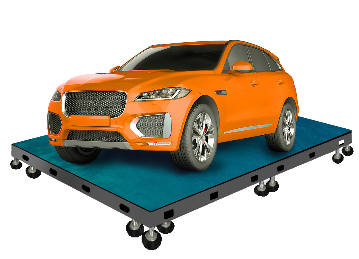 Outdoor Floor LED Screen 5 - LED Screen Board - LED Screen Board Orange crossover SUV on a blue vibration/testing platform with adjustable legs, shown from a front three-quarter view