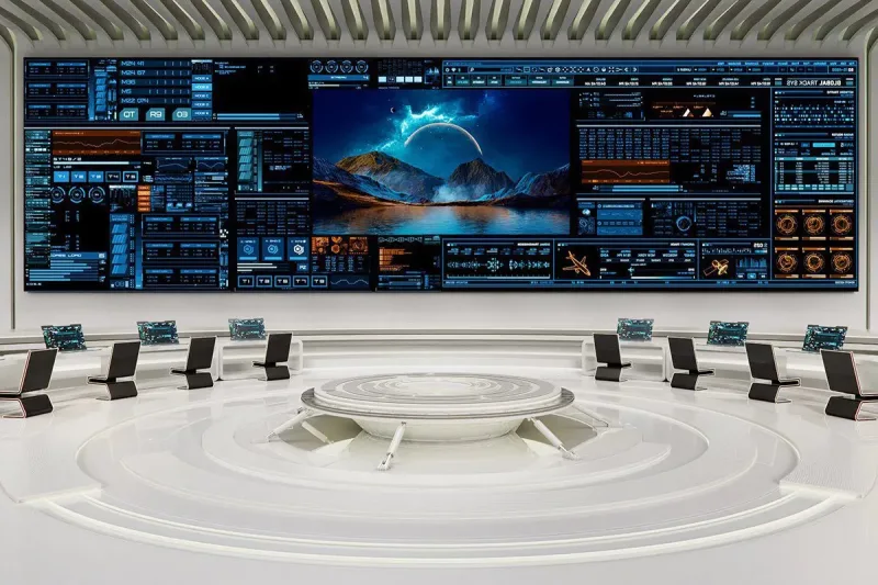 Indoor LED display wall showing monitoring dashboards in a control room