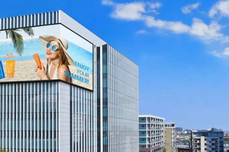Large outdoor advertising LED board mounted on a commercial building
