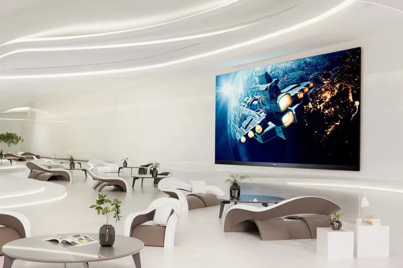 Front-service indoor LED display integrated into a reception area