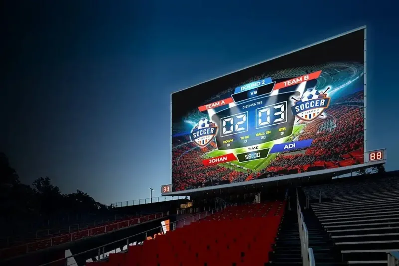 Outdoor sports stadium LED screen operating during a night event
