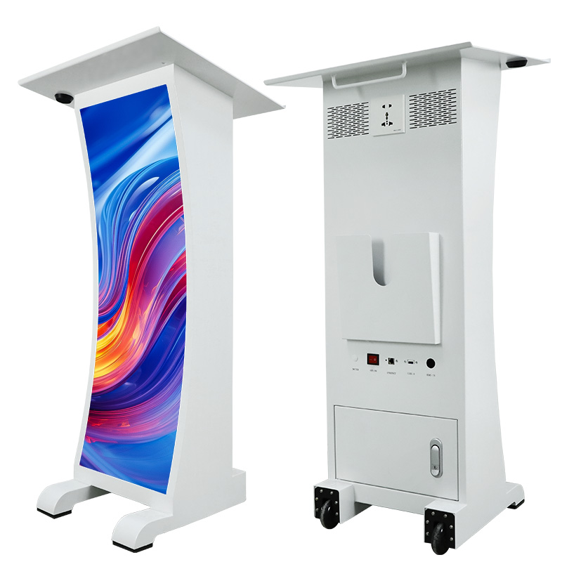 Double-sided white digital signage kiosk with a tall curved screen showing colorful abstract art; wheels at base for mobility (front view).