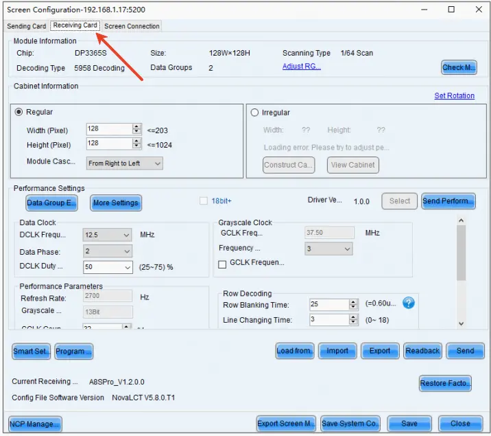NovaLCT Receiving Card Tab