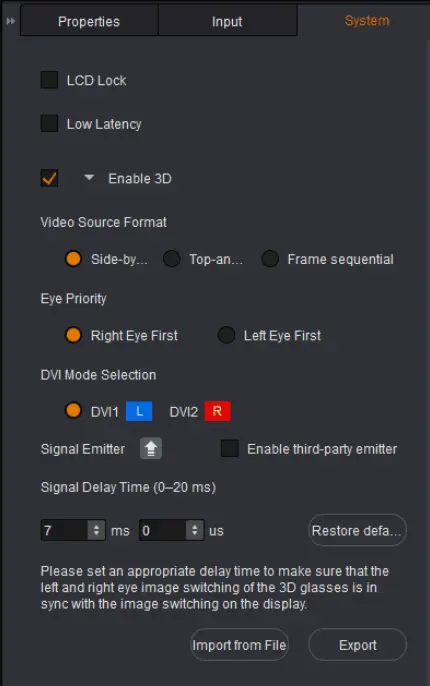 3D parameter settings