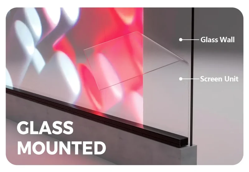 EA-iFilm2 product illustration identifying the transparent screen unit and the glass mounting surface