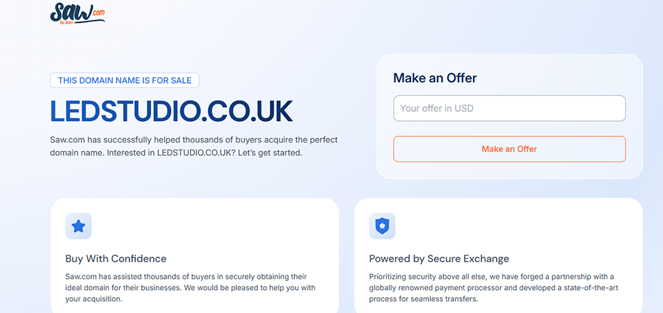 Webpage hero showing LEDSTUDIO.CO.UK domain for sale with a 'Make an Offer' form on the right against a light blue gradient background.