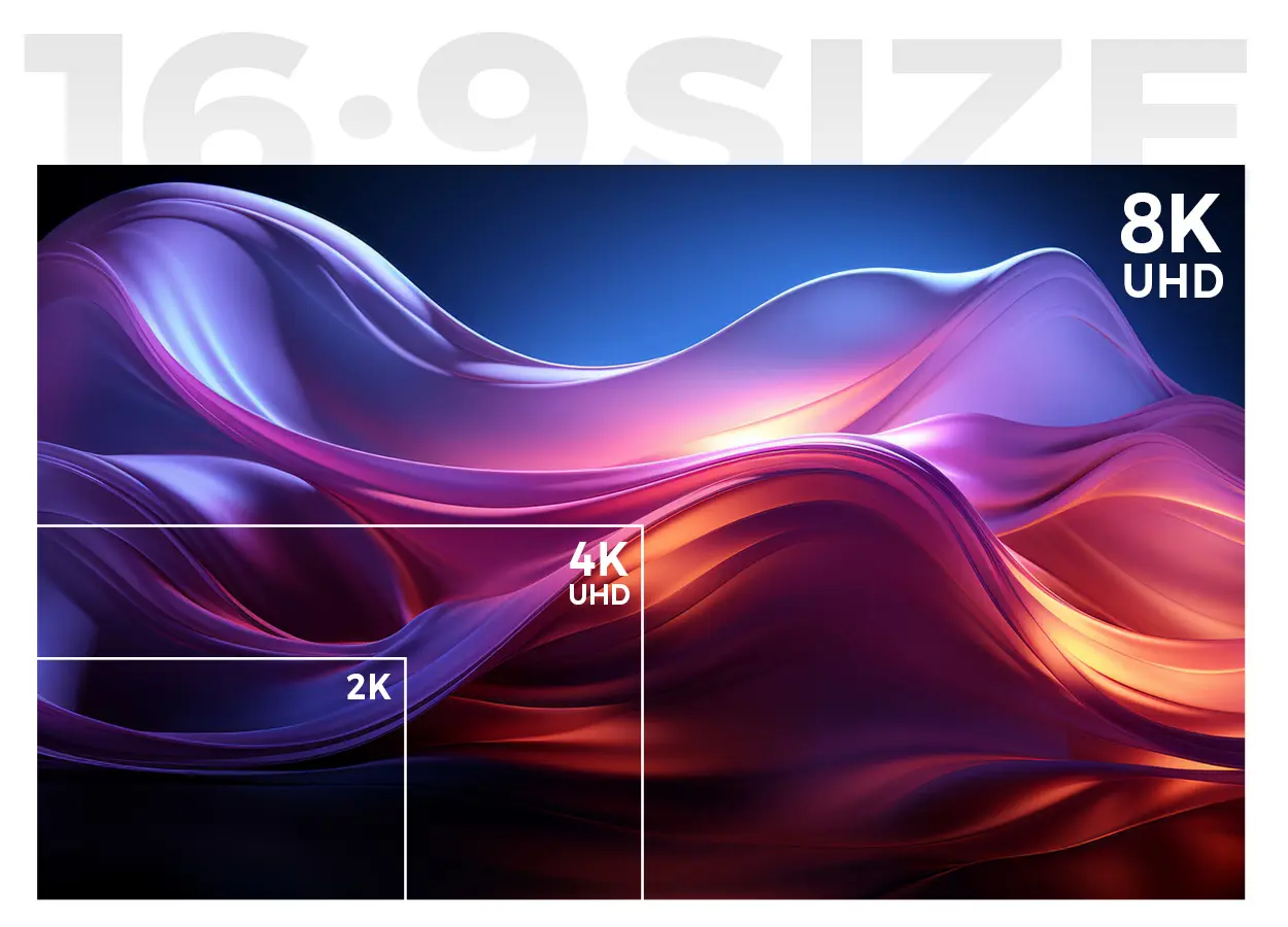 Abstract colorful wave artwork showing resolution labels: 8K UHD top-right, 4K UHD center, 2K bottom-left; large faded 16:9 SIZE in background.