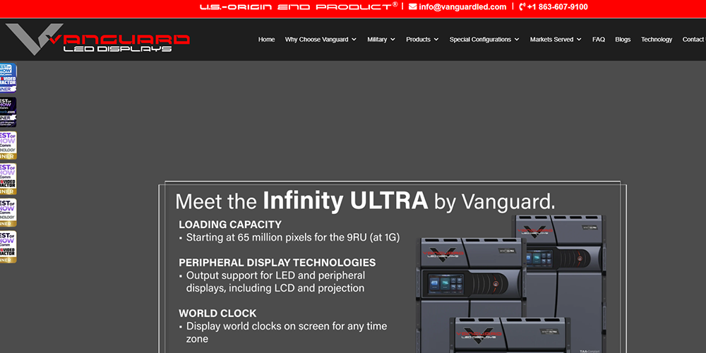 Website hero banner advertising the Infinity ULTRA by Vanguard, featuring a promo card with specs and stacked display panels on the right.