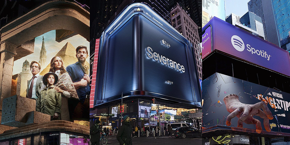 Left-to-right city advertising: a movie poster under an arch on the left, a curved blue Severance billboard in the center, and a Spotify sign with a dinosaur poster on the right.