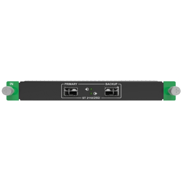 Dual-port network interface module with primary and backup ports labeled, for redundant ST 2110 connectivity.