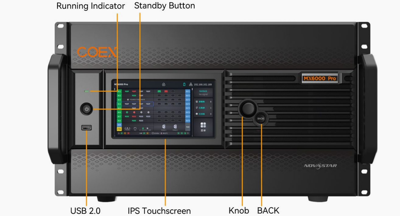 MX6000 - LED Screen Board - LED Screen Board Front panel of a server/NovaStar MX6000 Pro with labeled controls: running indicator, standby button, USB 2.0 port, IPS touchscreen, knob, and BACK button.