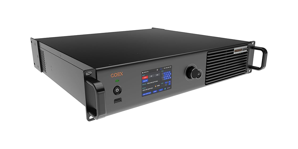 1U rack-mounted black hardware device with front touchscreen, power button, USB port, and large right-side vent/knob.