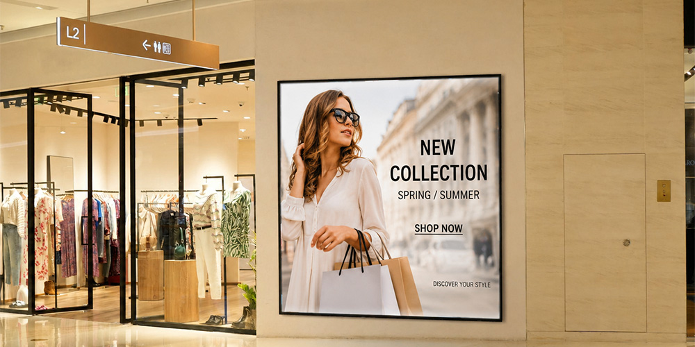 Storefront with clothing displays and a large ad showing a woman holding shopping bags, promoting a new collection.