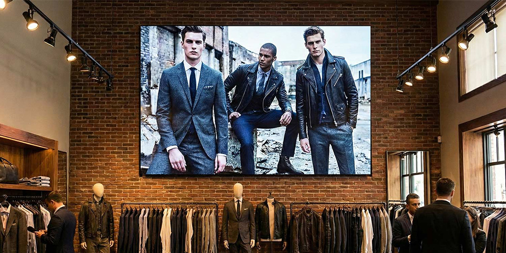 Interior of a men's clothing store with racks of suits and jackets, and mannequins featured by a large brick wall billboard showing three male models.