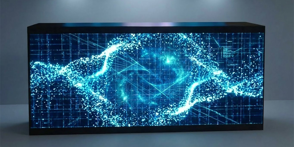 led - LED Screen Board - LED Screen Board Wide monitor shows a glowing blue digital handshake made of particles, symbolizing data exchange responsibly.
