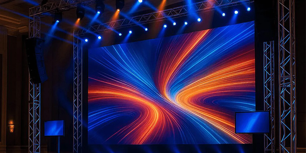 租3 - LED Screen Board - LED Screen Board Large stage with a vibrant swirling blue and orange light display on a central screen, framed by metal trusses and blue spotlights.
