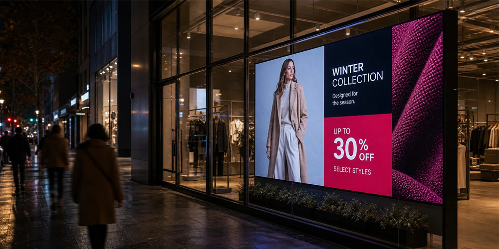 Storefront with a large digital ad: 'Winter Collection' and 'Up to 30% off' illuminated at night with shoppers nearby.