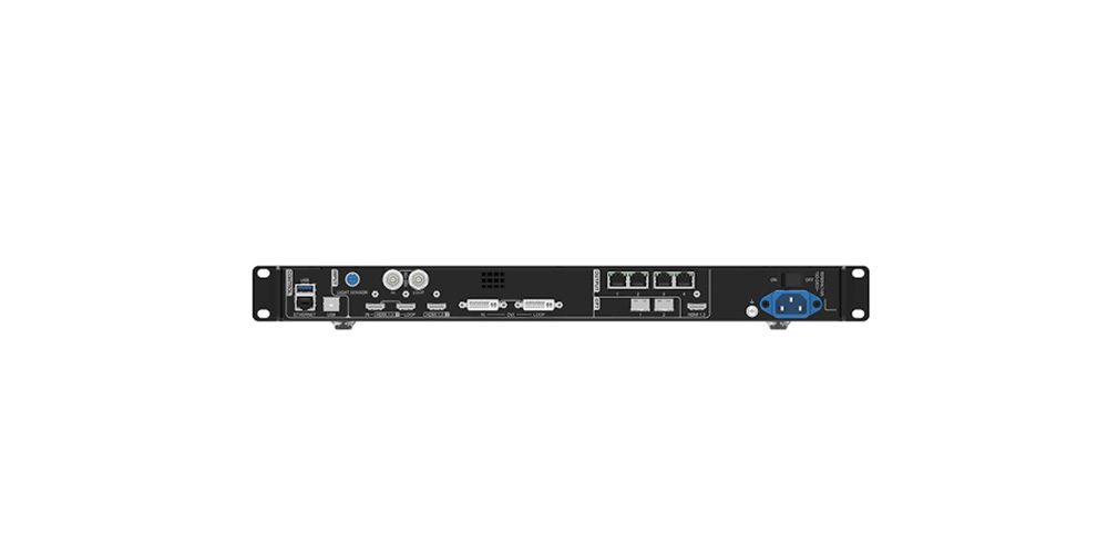 NOVA VX400示意图3 - LED Screen Board - LED Screen Board Rear view of a 1U rack-mount network appliance showing Ethernet ports, USB and serial console connectors, and a blue power inlet.