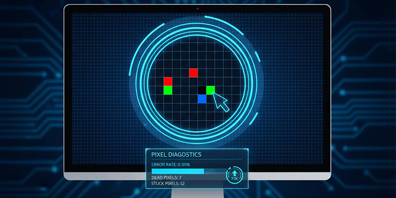 black spot4 - LED Screen Board - LED Screen Board Monitor showing a pixel diagnostics HUD with neon circular rings and colored squares being analyzed; a small panel lists error rate and fixes.