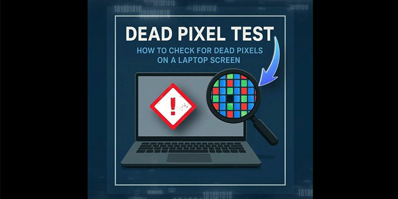 black spot5 - LED Screen Board - LED Screen Board Graphic for the dead pixel test: laptop screen with a magnifying glass over a colored pixel grid to check dead pixels on a laptop screen