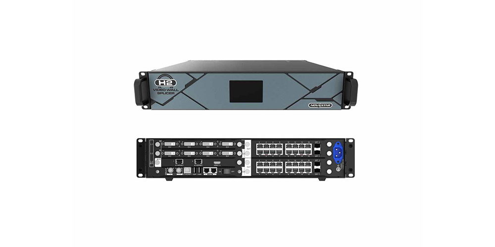 novastar h2 2 - LED Screen Board - LED Screen Board Front and rear views of a 2U rack-mount video wall processor and network switch in a blue-gray chassis, showing front panel with H2 Video Wall Splitter branding and back panel with multiple ports.