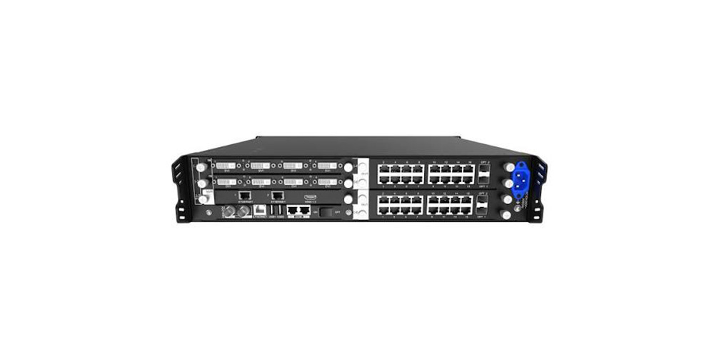novastar h2 3 - LED Screen Board - LED Screen Board Rack-mounted network switch with multiple Ethernet ports and a blue power connector on the right side.