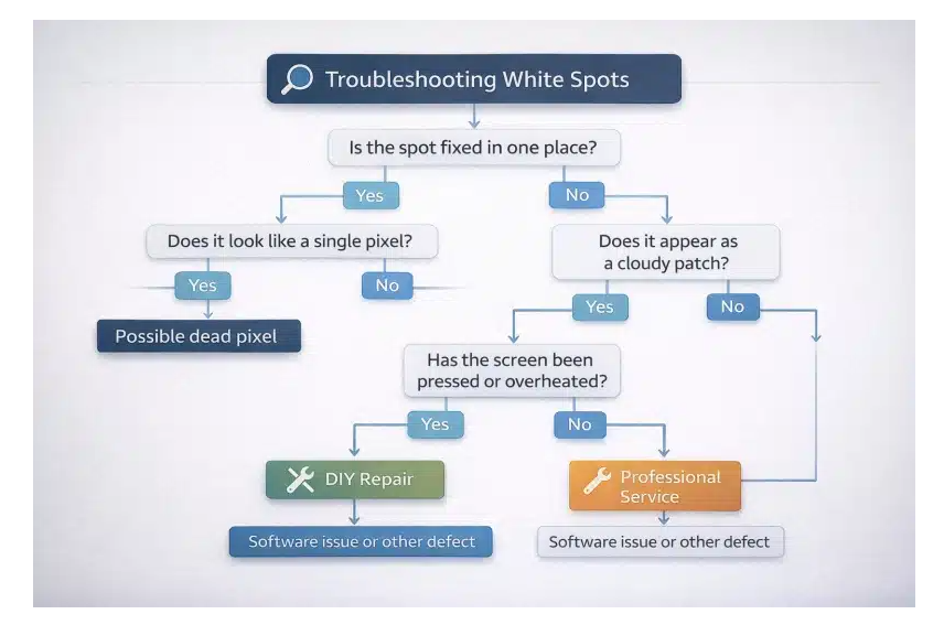 Flowchart for Troubleshooting White Spots on a screen, guiding from fixed spot checks to DIY repair or professional service options.