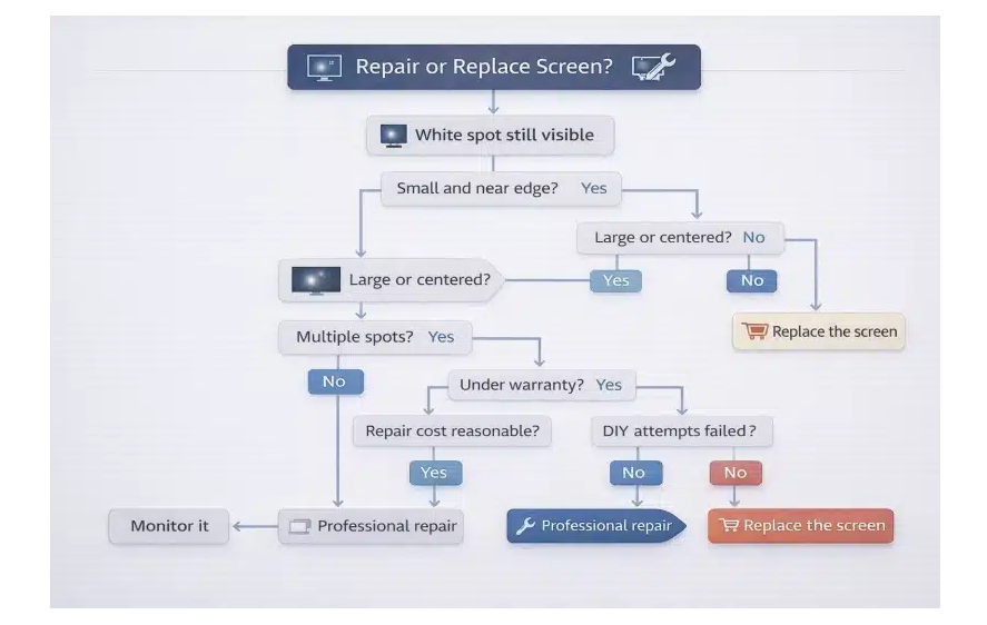 Decision flowchart: Repair or Replace Screen? guiding steps—from white spots to warranty, repair cost, DIY attempts, ending with professional repair or screen replacement.