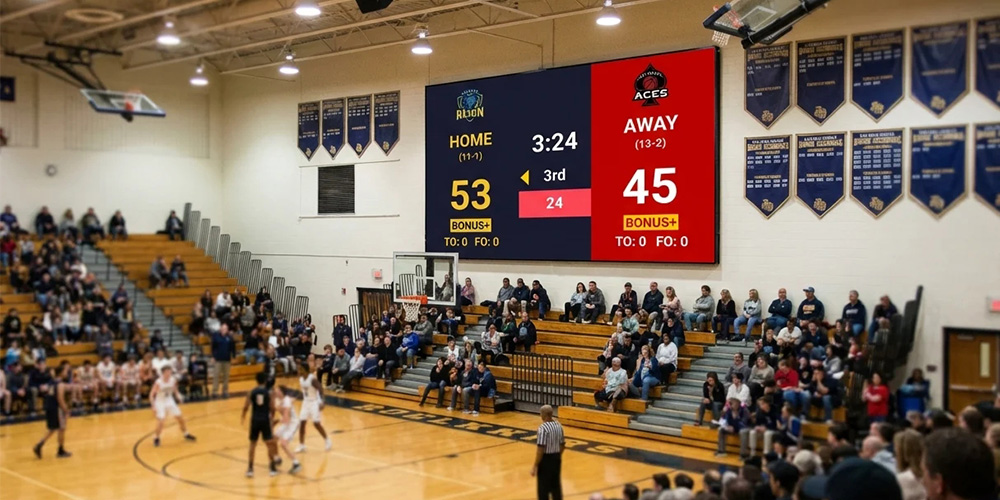 Basketball gym with scoreboard showing home 53, away 45, 3:24 left in the period, and spectators in the bleachers.