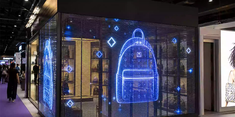 展示透明屏幕图片 - LED Screen Board - LED Screen Board Blue neon backpack hologram displayed on a storefront window in a mall, with shoppers in the background.