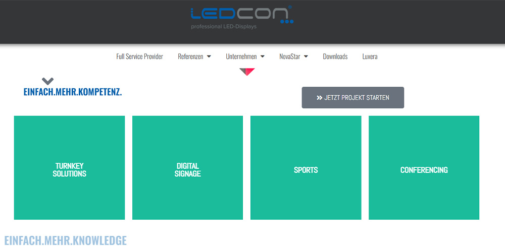 Header with LEDCON logo and four teal category tiles: Turnkey Solutions, Digital Signage, Sports, Conferencing.