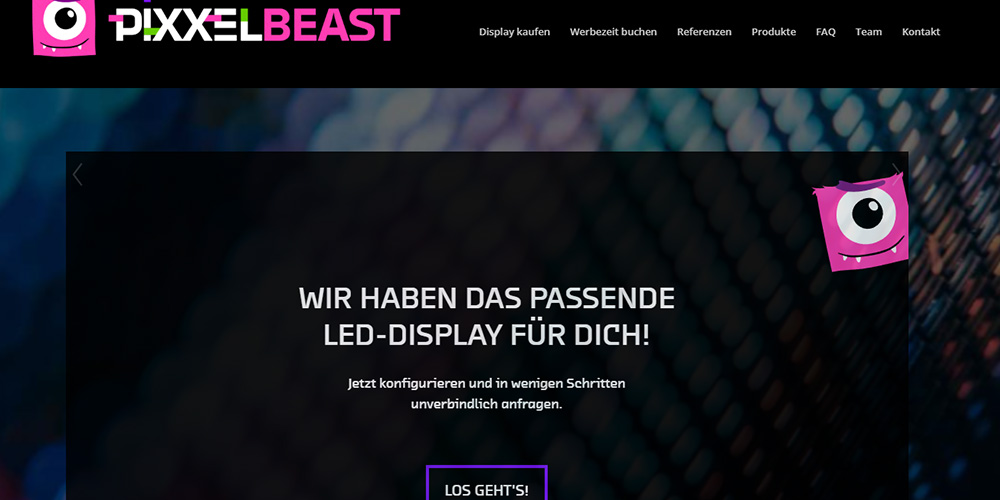 Header of PixelBeast site with logo and nav, hero message about LED displays on a dark patterned background.