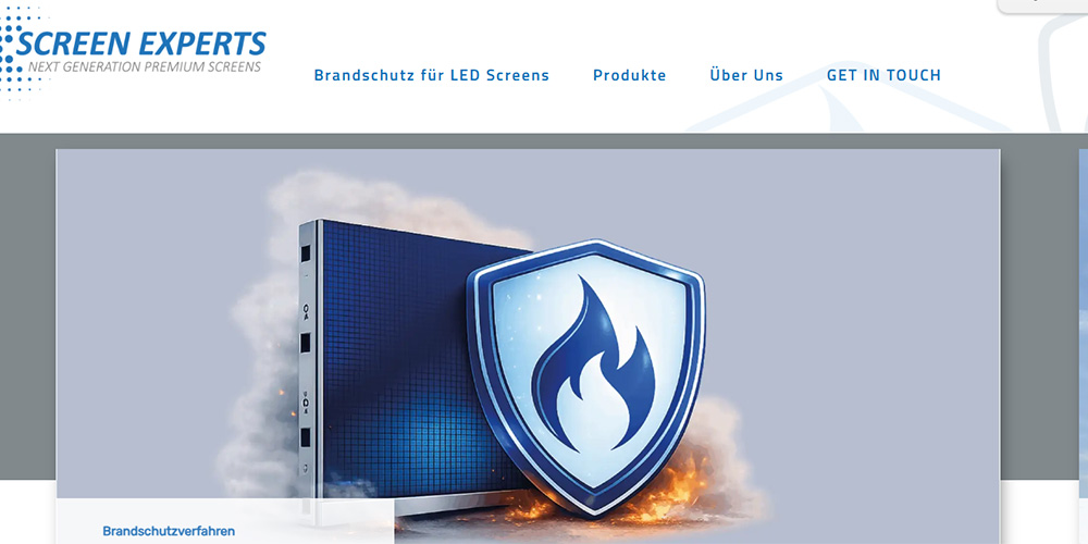 Blue shield with a flame emblem over a server, symbolizing fire protection for LED screens.
