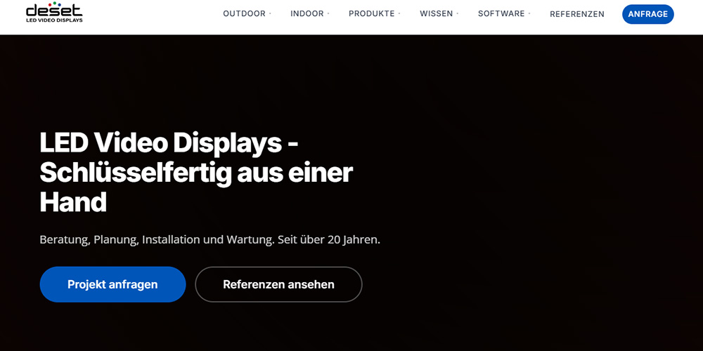 Hero-Bereich mit der Überschrift 'LED Video Displays – Schlüssel fertig aus einer Hand' und zwei Buttons: Projekt anfragen, Referenzen ansehen.