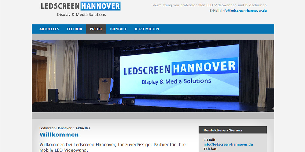 Screenshot of LedScreen Hannover homepage with a large stage screen displaying the company logo and 'Display & Media Solutions' text