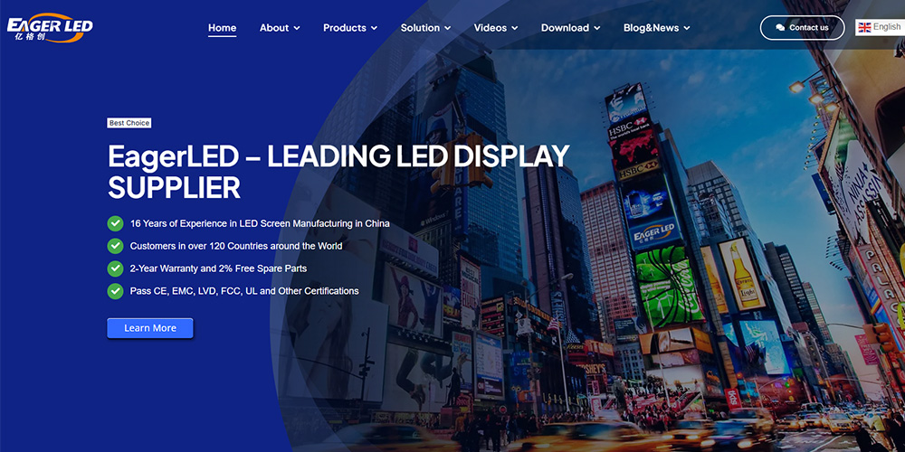 Hero banner for EagerLED: blue overlay with a Times Square cityscape and the headline 'EagerLED – Leading LED Display Supplier' on the left with a Learn More button.