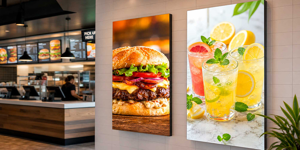 Interior of a fast-food restaurant with a burger wall art poster and a lemonade drinks poster on the wall near the counter area