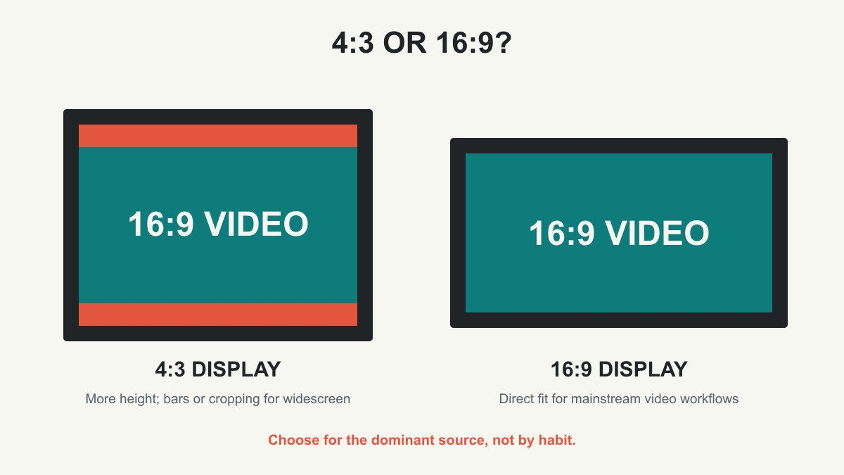 Side-by-side comparison of a 4:3 LED wall and a wider 16:9 LED wall with matching content frames