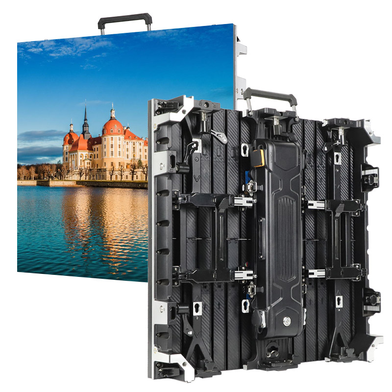 Large outdoor LED display showing a castle by a lake; the front screen is visible with the castle image, while the modular back panel is exposed behind it.