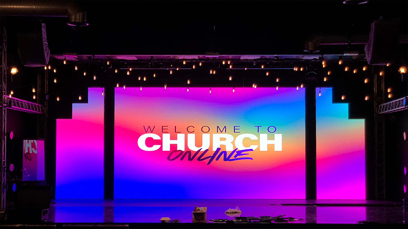 Church-LED-Screen-2 - LED Screen Board Church stage LED backdrop displaying a welcome message for online worship