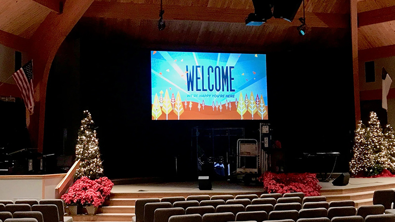Church-LED-Screen-6 - LED Screen Board Church wedding stage with an LED welcome screen and seasonal decorations