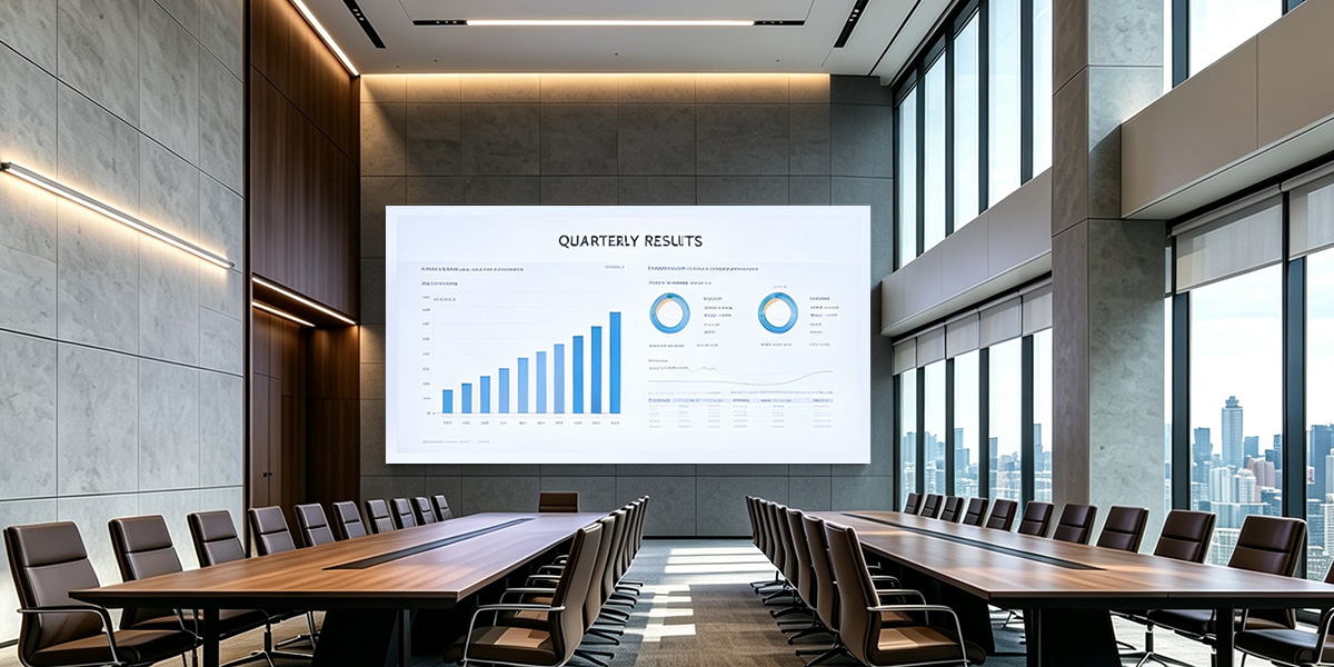 Conference-Room-LED-Display - LED Screen Board Modern boardroom with a long wooden table, brown chairs, and a large screen showing quarterly results charts.