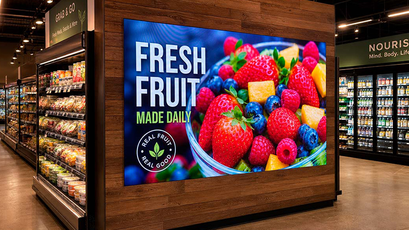 Digital-Retail-Signage-2 - LED Screen Board In-store digital signage promoting fresh fruit in a grocery store