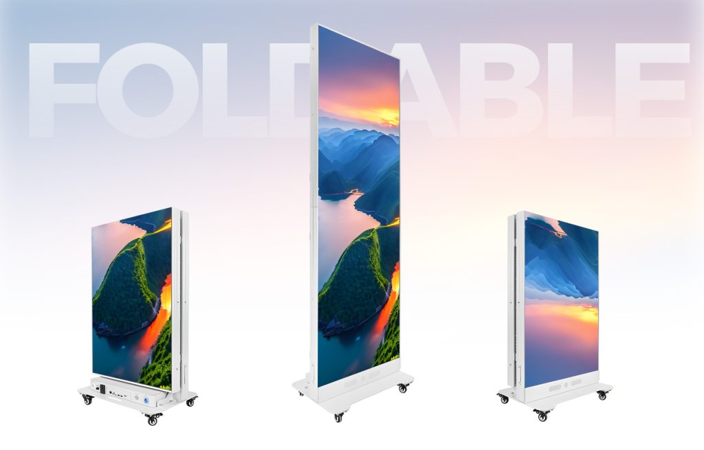 Three tall foldable digital display panels on wheeled white stands arranged in a row, showing a mountain landscape, against a light gradient background with a large, faded 'FOLDABLE' text.
